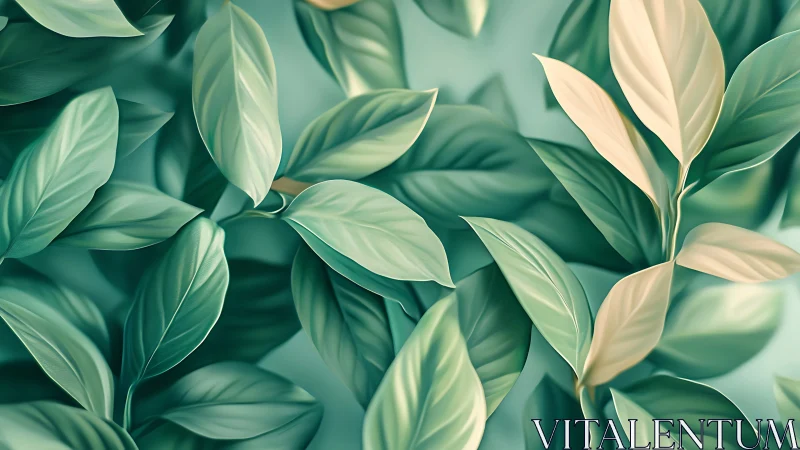 Soft teal botanical foliage pattern with pale accent leaves