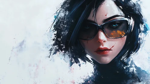 Scarred cyber noir heroine in fractured digital portrait.