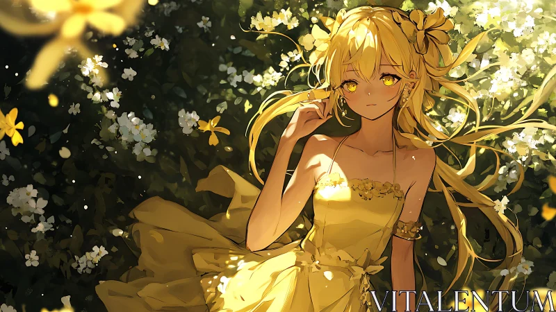 Luminous golden-haired girl in floral-saturated ambient light.