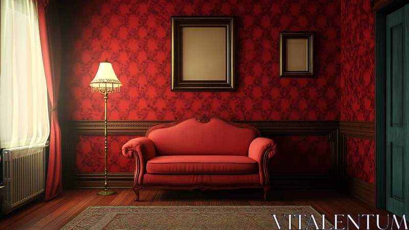 Red vintage sitting room with sofa, lamp, and frames.