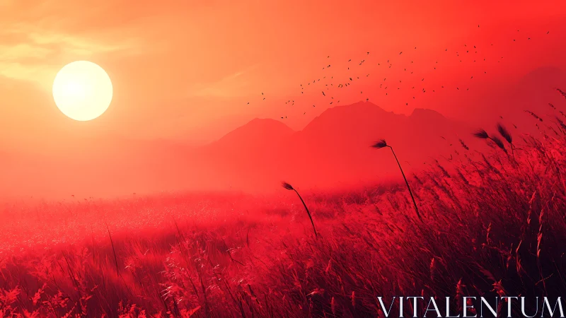Crimson grassland sunset with silhouetted distant mountains.