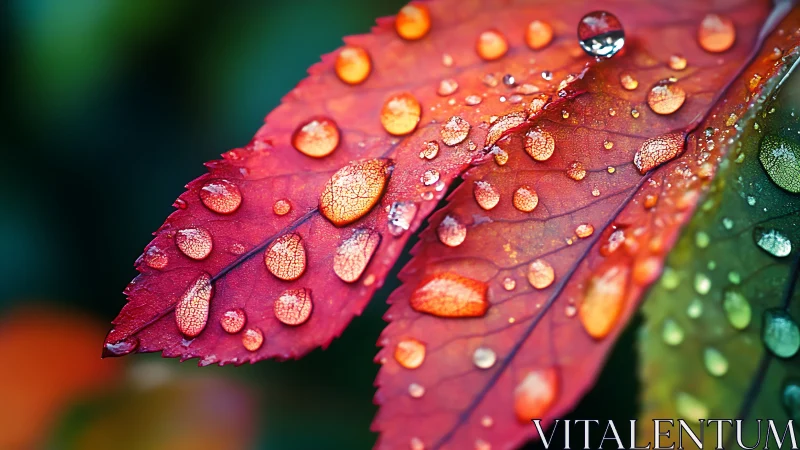 Raindrops sparkling on colorful autumn garden leaves.