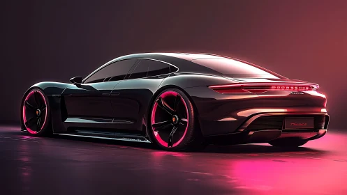 Electric sports sedan glows under neon pink studio light