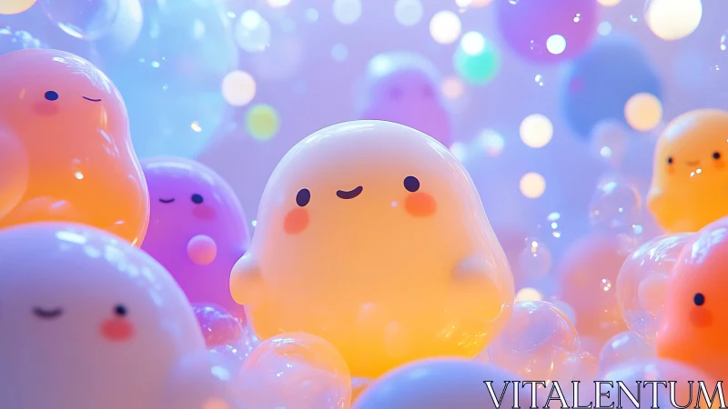 Soft rounded blob characters within glowing pastel bubbles.