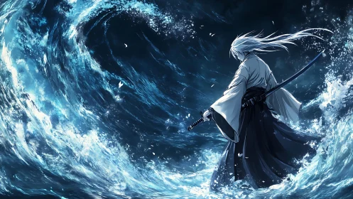Swordsman stands in turbulent ocean waves with katana drawn