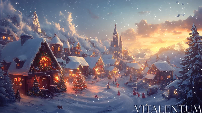 Snow-covered alpine village is illuminated during winter dusk