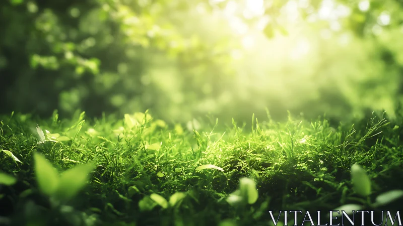 Sunlit Green Forest Floor with Lush Moss, Soft Focus Nature Style.
