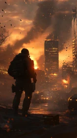 Lone soldier observes burning city skyline at dusk.