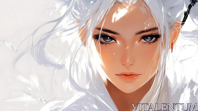 High-key anime portrait renders luminous white hair and reflective eyes