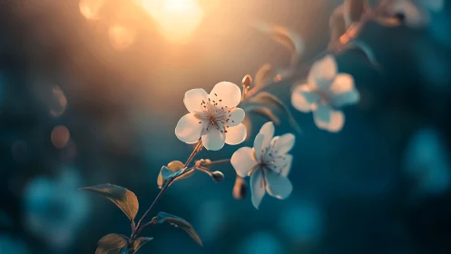 White blossoms bathed in warm golden light against deep teal.