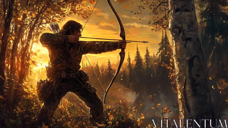Forest archer drawing bow at blazing autumn sunset.