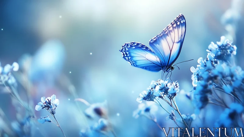 Blue butterfly on small flowers in shallow depth of field.