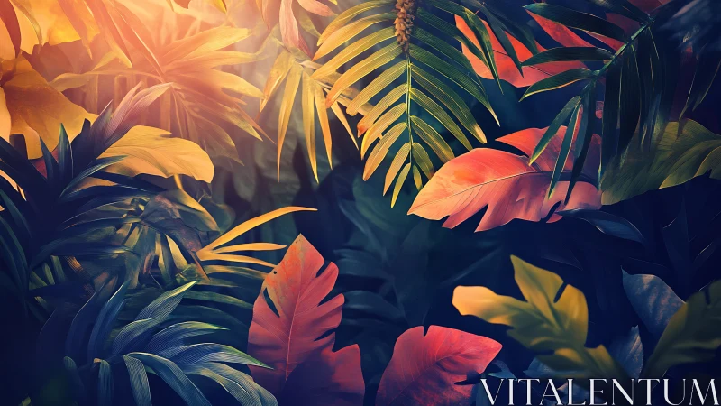 Sunlit tropical leaves glowing with soft sunset color.