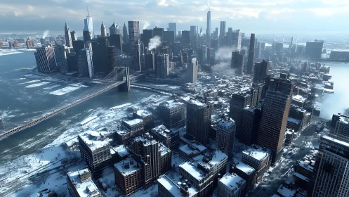 Snow covered city skyline with frozen river and bridge.
