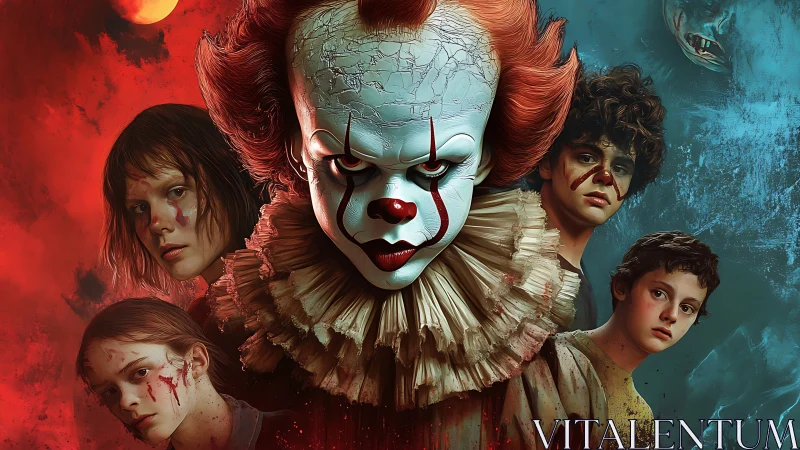 Evil clown looms over frightened injured children portrait