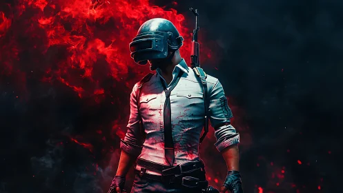 Battle royale warrior strides through inferno-torn shadow.