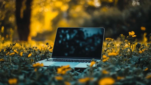 Golden meadow laptop scene welcomes quiet outdoor focus