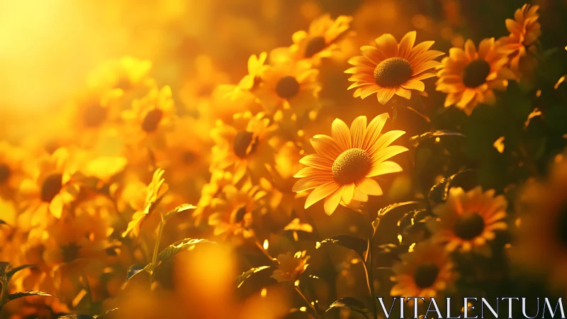 Backlit sunflower field captures warm golden hour radiance