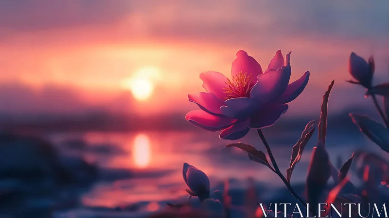 Lotus blossom glows against vivid coastal sunset horizon.