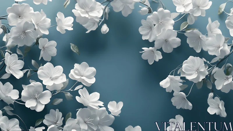 Delicate White Floral Specimens Against Gradient Blue Tonal Field.