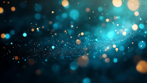 Abstract glowing bokeh lights with blue and gold tones, digital art.
