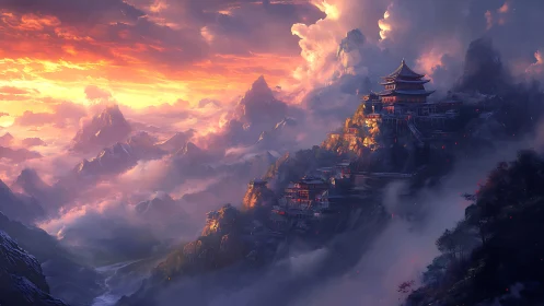 Tiered mountain temples in dense mist at sunset light.