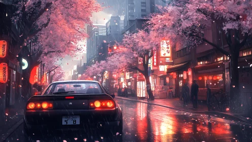 Night rain over neon streets and cherry blossom glow.