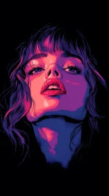 Neon-lit female portrait in bold upward close-up view.