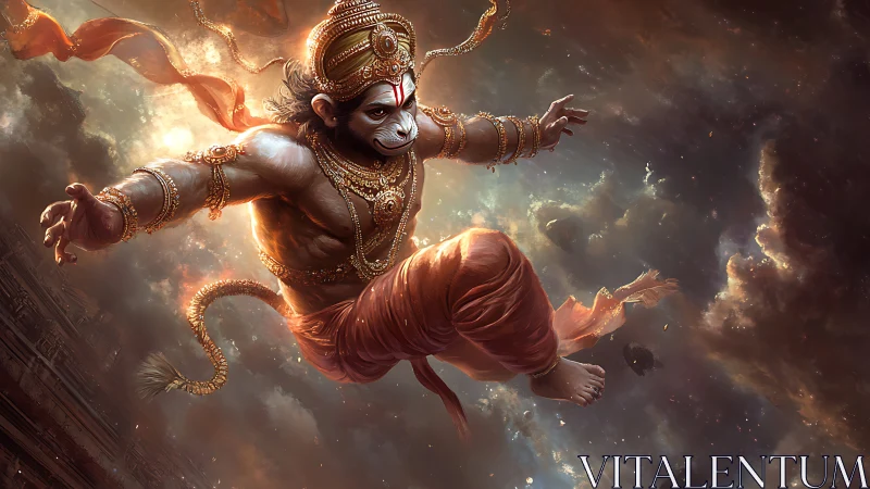 Mighty monkey warrior soars through glowing storm clouds