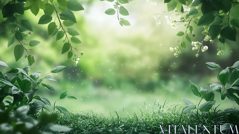 Lush Green Forest Clearing with Sunlight, Dreamy Nature Art.