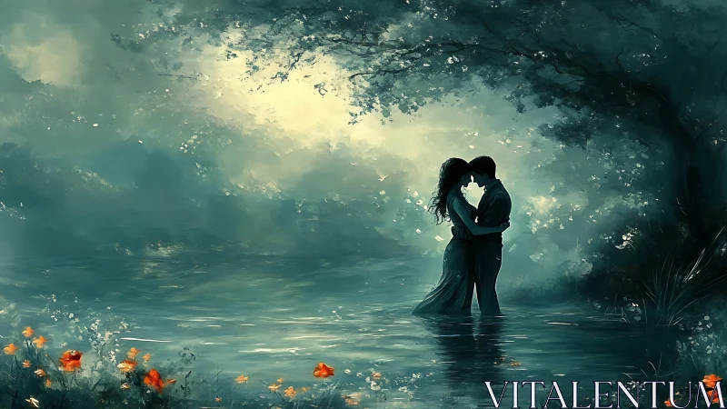 Luminescent Embrace: Silhouetted Couple Within Ethereal Water.