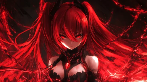 Red haired anime demon girl stares forward in glowing chains