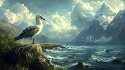 Seabird sentinel above storm-kissed fjord of emerald waves.