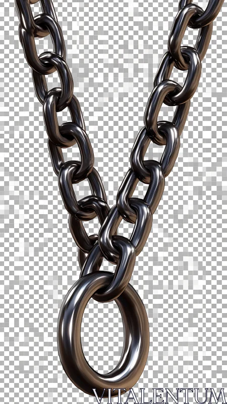 Black metal chain with circular ring on transparent background.