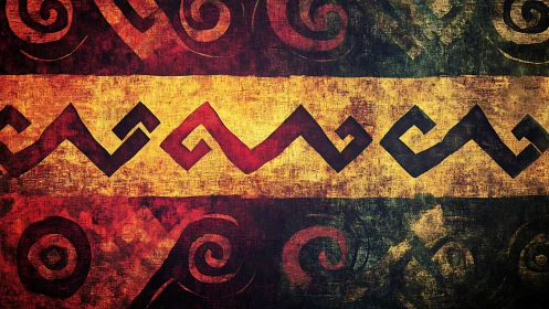 Grunge tribal zigzag border with spiral motifs in warm palette