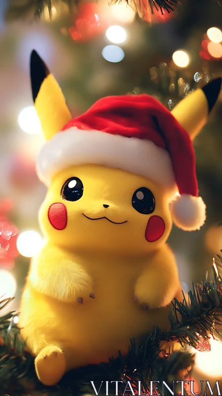 Cute yellow creature in Santa hat on Christmas tree.