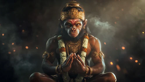 Ember-lit monkey warrior in divine garlands at prayerful rest.