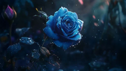 High-resolution digital render of bioluminescent blue rose with crystalline frost accumulation and p