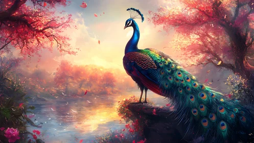 Regal peacock overlooks luminous river at autumn sunrise