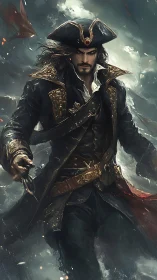 Storm-forged pirate captain in ornate battle regalia.