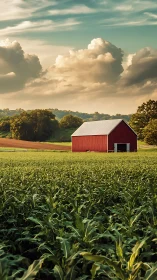 Red barn stands in green cornfield under dramatic clouds.