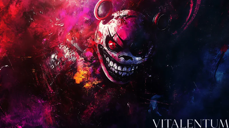 Sinister grinning bear mask emerges from chaotic neon void