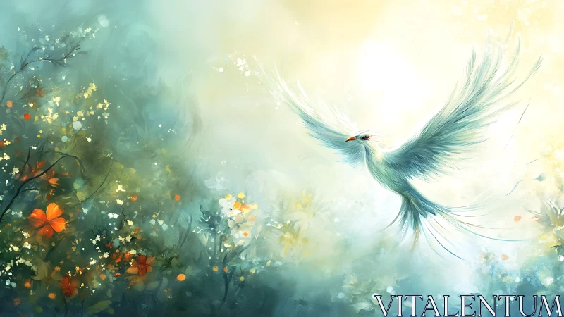 Luminous white bird soaring over ethereal floral meadow.