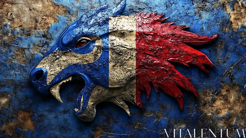 Textured tricolor lion emblem over distressed blue wall.