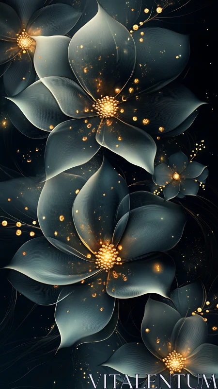 Abstract dark floral forms with luminous golden highlights.