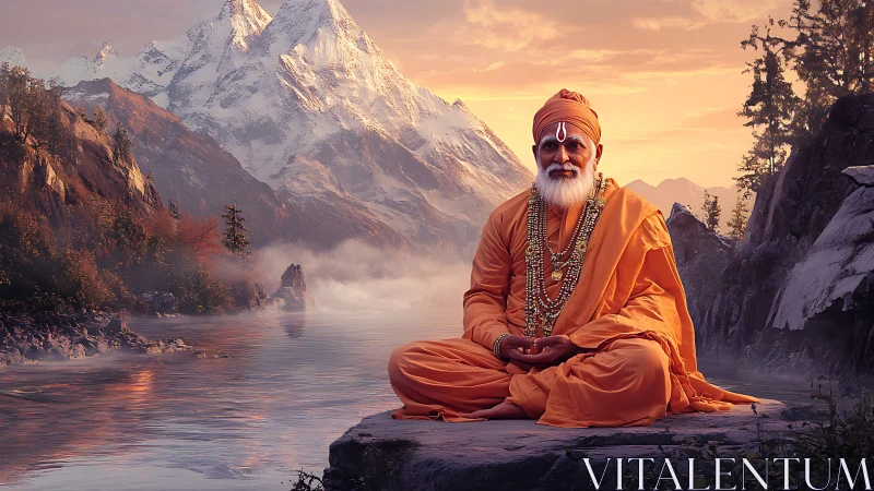 Photorealistic Himalayan sage portrait in meditative symmetry.