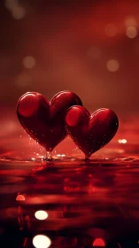 Two glass heart-shaped forms rendered with liquid surface effects.