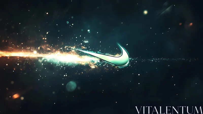 Glowing swoosh logo within abstract cosmic streak field.