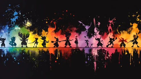 Silhouetted fantasy figures against multicolor paint spectrum.