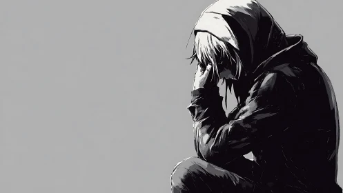 Hooded figure sits in profile, head in hand on gray